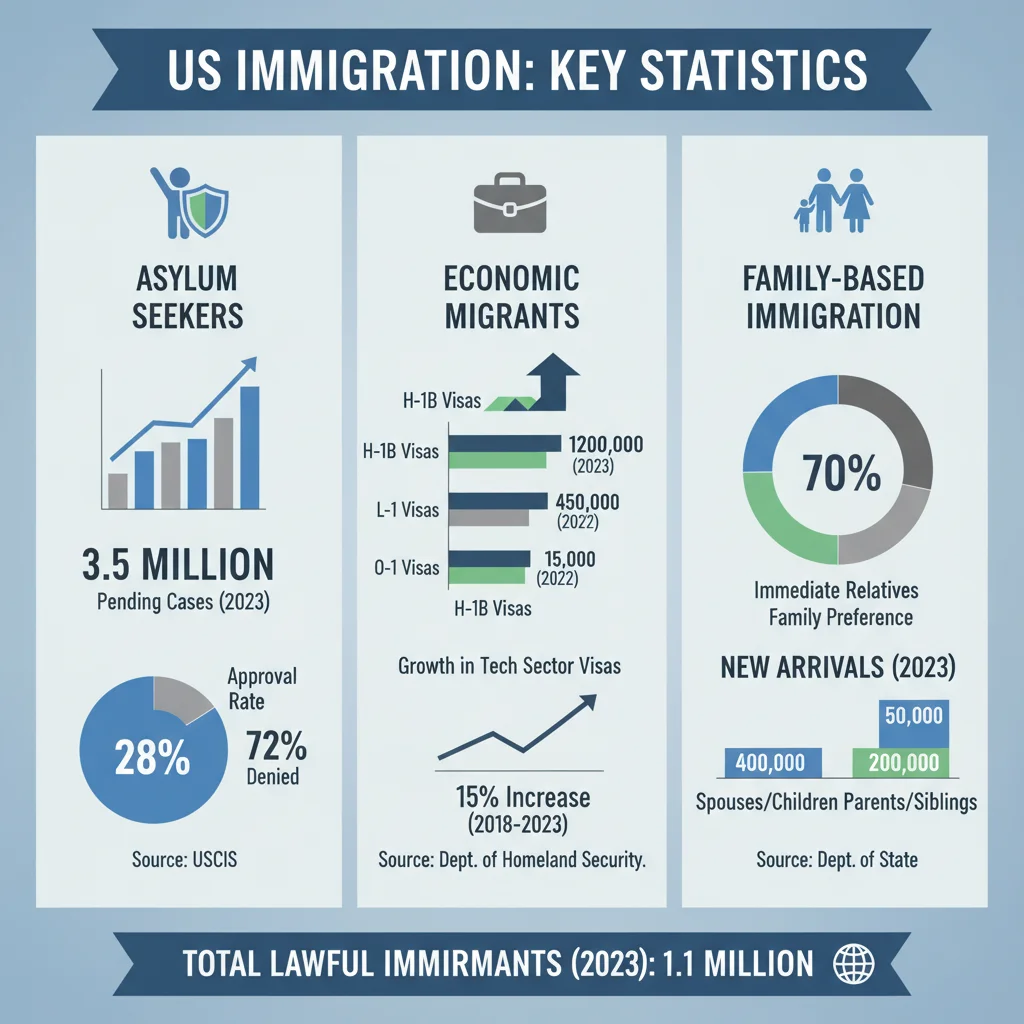 Infographic detailing US immigration statistics, including asylum, economic, and family migration data.