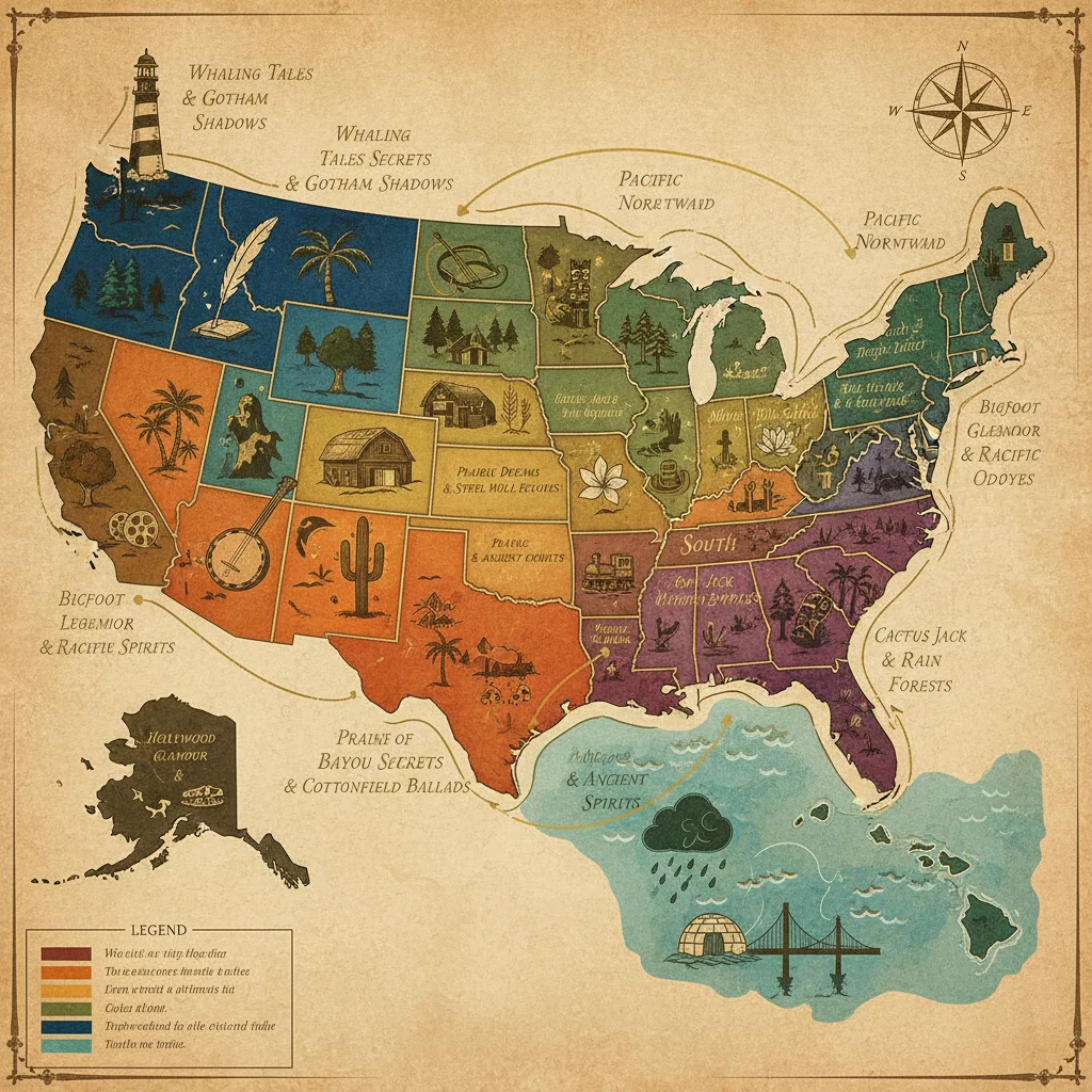 Stylized map of USA showing diverse regional literary themes