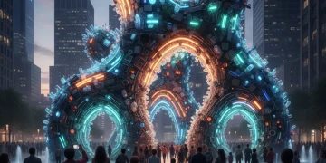 Vibrant large-scale public art installation in a city square at dusk, made from recycled materials.