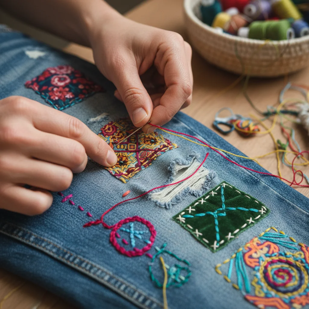 Hands visibly mending a pair of jeans with colorful patches, promoting repair culture.