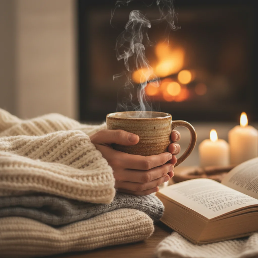 Hands holding a warm mug amidst knitted blankets, embodying Hygge comfort