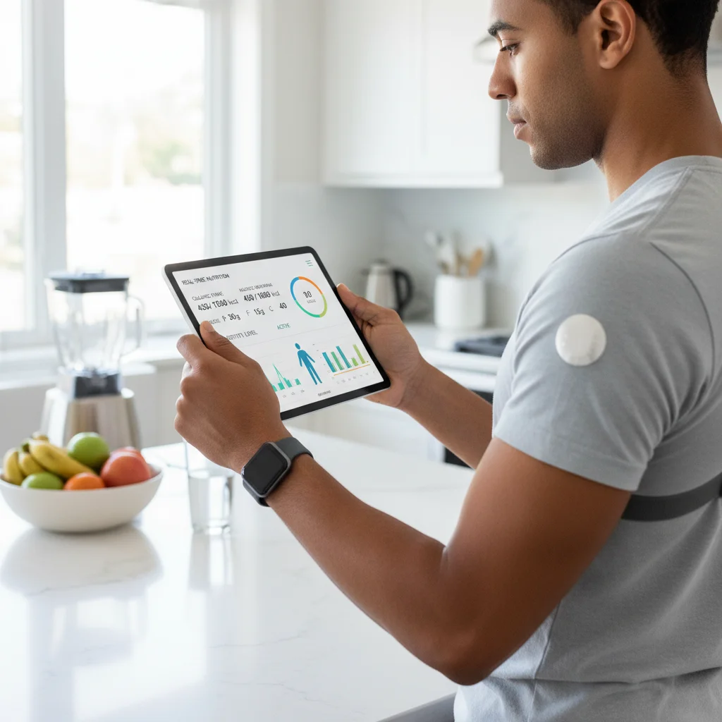 Individual using wearable tech to monitor nutrition and activity in a modern kitchen.