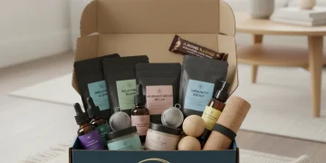 Open wellness subscription box with organic teas, essential oils, and natural skincare products