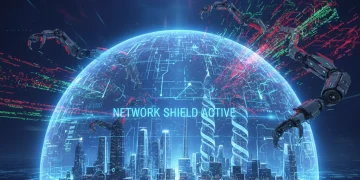 Digital shield protecting a business network from AI cyber threats, symbolizing advanced security measures.