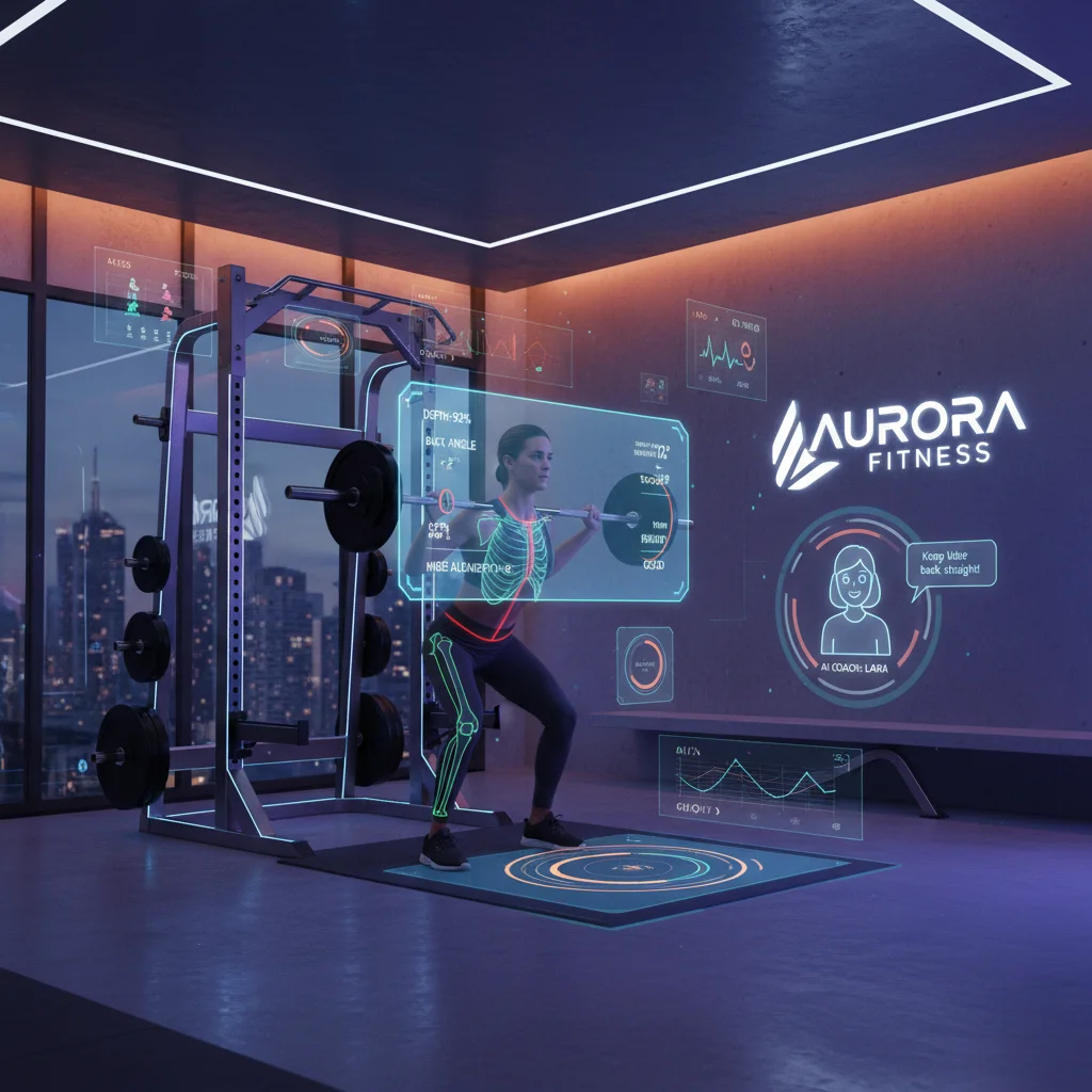 Smart home gym with AI coach providing holographic feedback on exercise form.