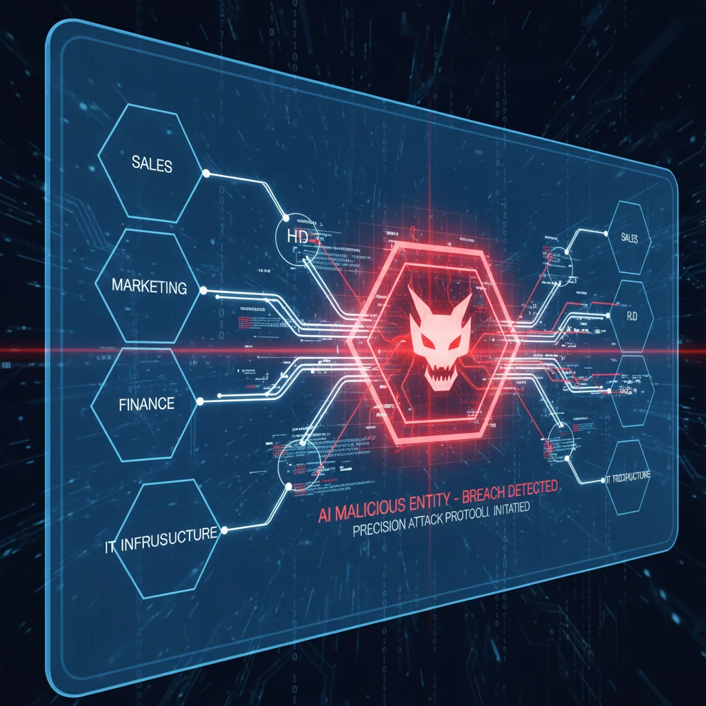 AI-driven attack targeting a specific section of a corporate network, illustrating a sophisticated data breach.