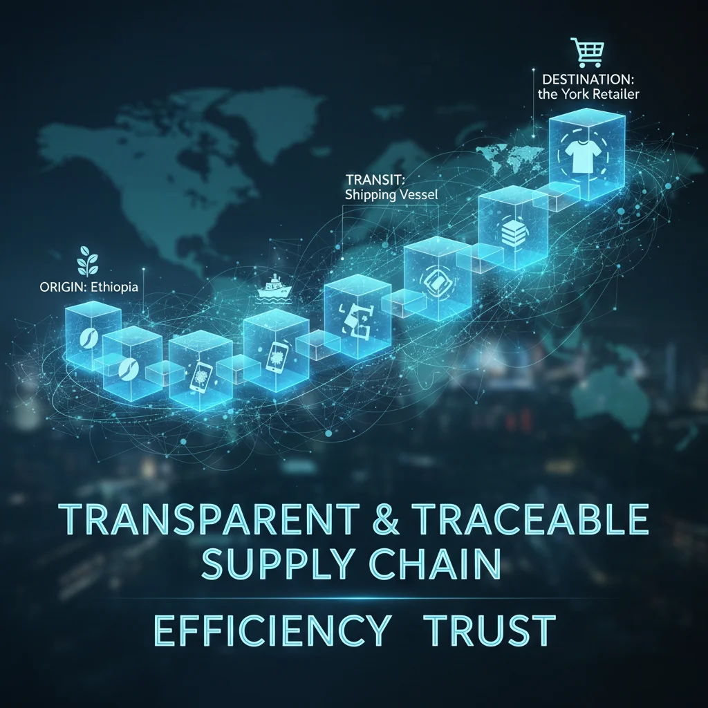 Blockchain-powered supply chain management illustration, showing transparent product tracking.