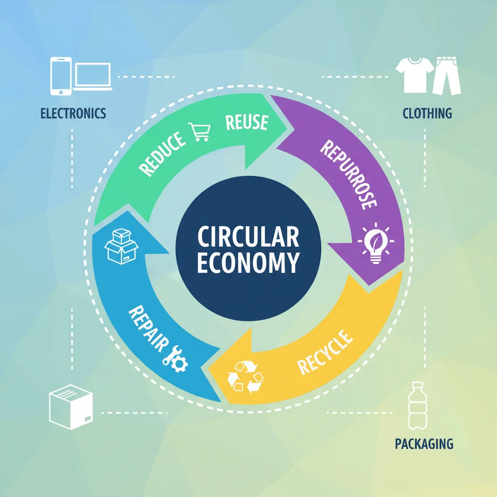Infographic illustrating the circular economy principles of reduce, reuse, recycle, repair, and repurpose.