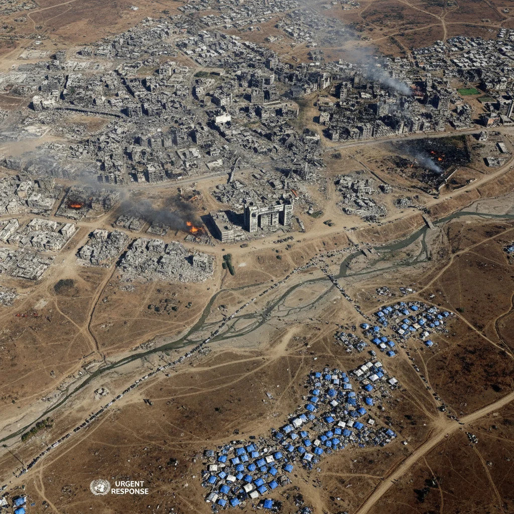 Satellite view of a war-torn region illustrating humanitarian crisis.