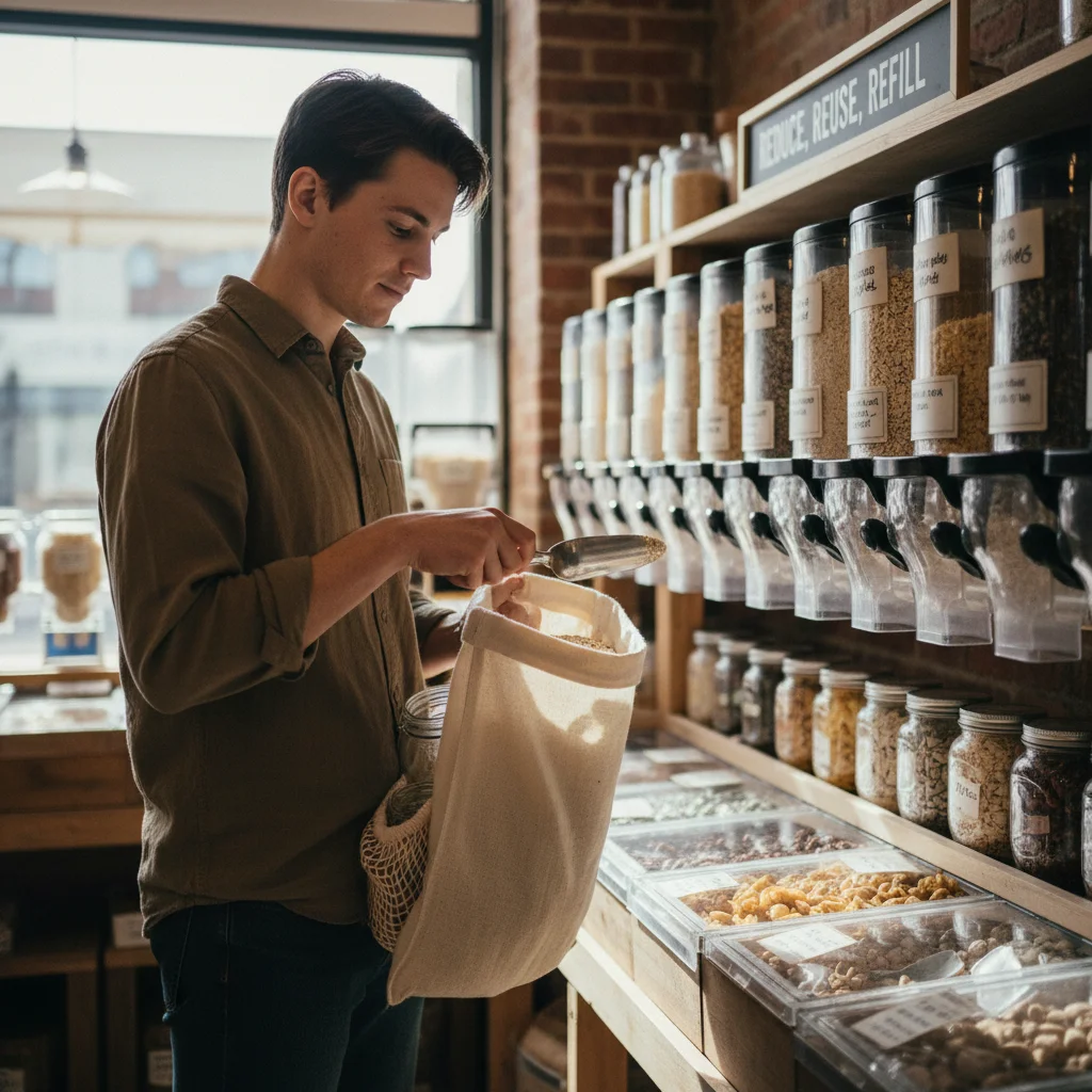 Person shopping at a bulk food store with reusable bag, demonstrating conscious food choices.