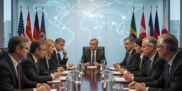 Diplomats discussing global human rights policy at an international conference.