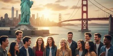 Diverse group of young adults engaging in cultural exchange in the USA.