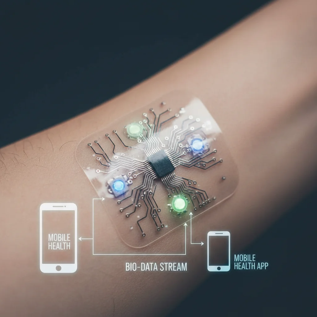 Flexible bio-sensor patch monitoring vital signs on a patient's arm.