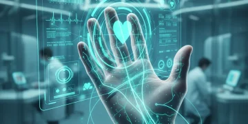 Futuristic bio-integrated medical device seamlessly embedded in skin, displaying health metrics.