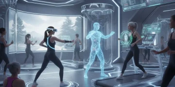 Futuristic gym with people using VR, AI trainers, and biometric devices, showcasing future fitness trends.