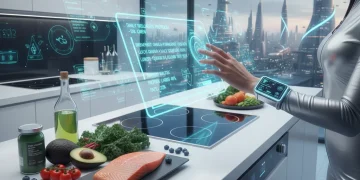 Futuristic kitchen displaying personalized nutrition plan on tablet