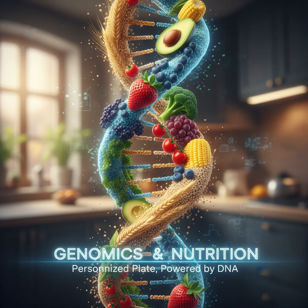 DNA helix intertwined with healthy food representing genomic nutrition
