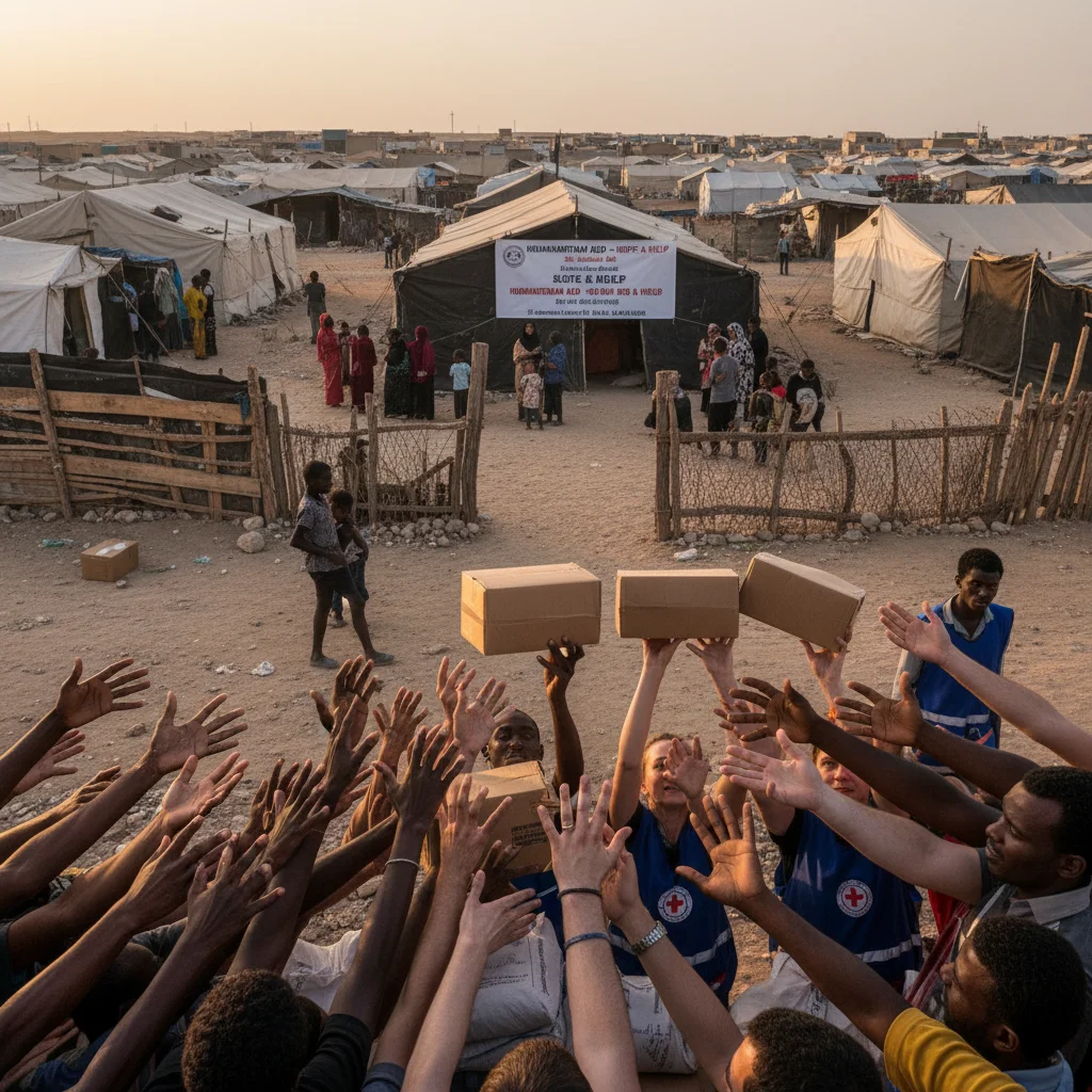 Diverse hands receiving humanitarian aid in a refugee camp setting.