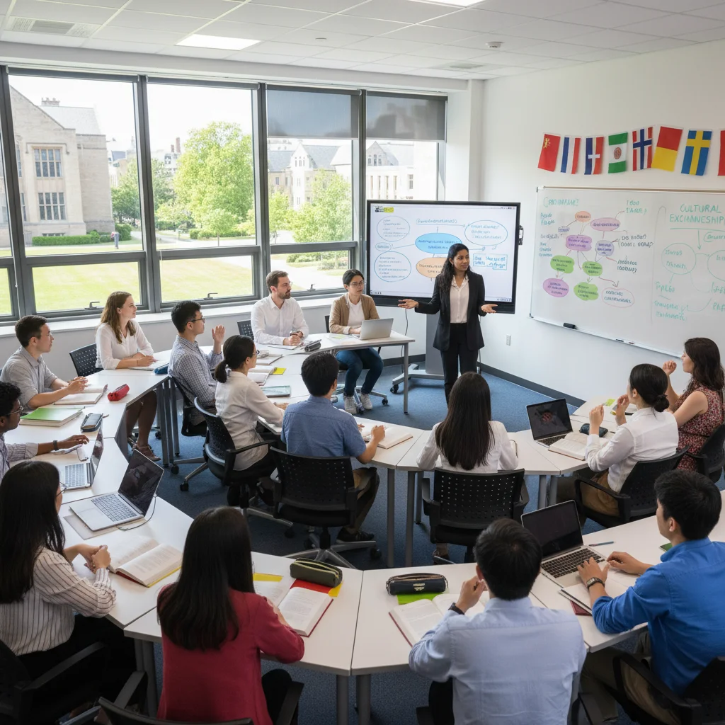 International students discussing in an American classroom setting.