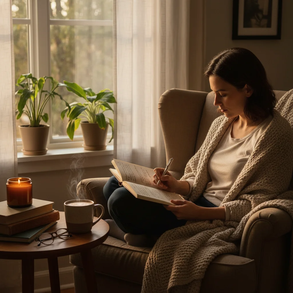 Person journaling thoughtfully in a cozy setting, practicing self-reflection.