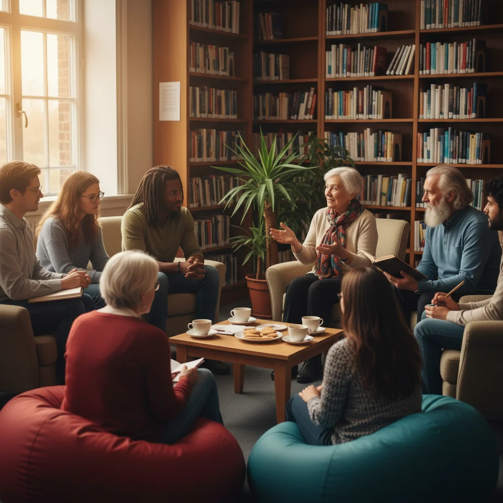 Intergenerational group participating in a storytelling and oral history program at a library.