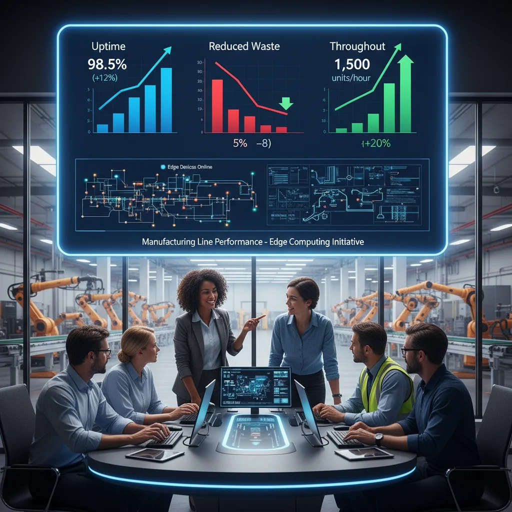 Manufacturing control room dashboard showing real-time KPIs improved by edge computing analytics.