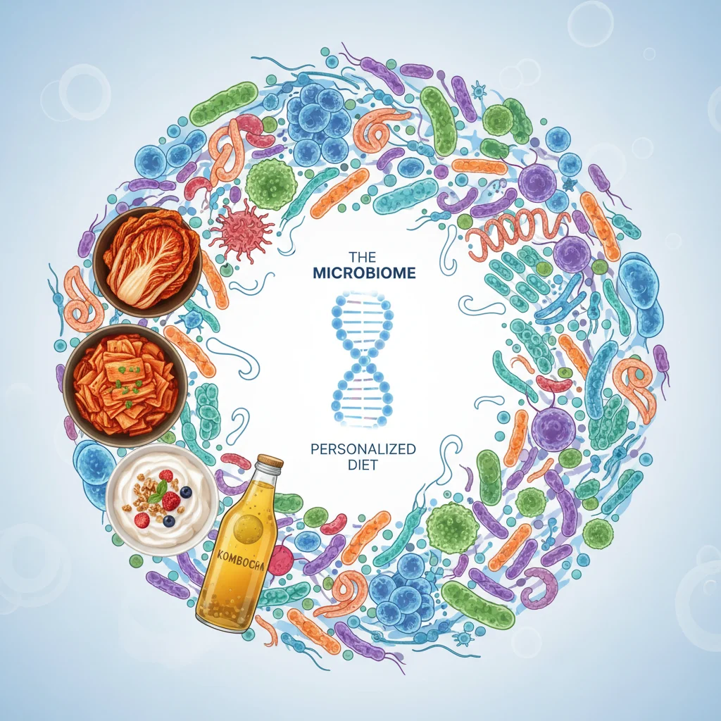 Microbiome illustration with fermented foods for gut health