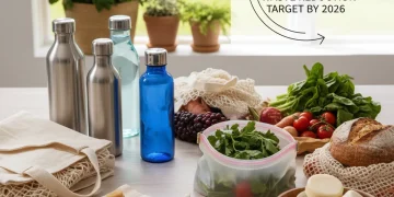 Eco-friendly products, reusable items, and fresh produce symbolizing mindful consumption and waste reduction.