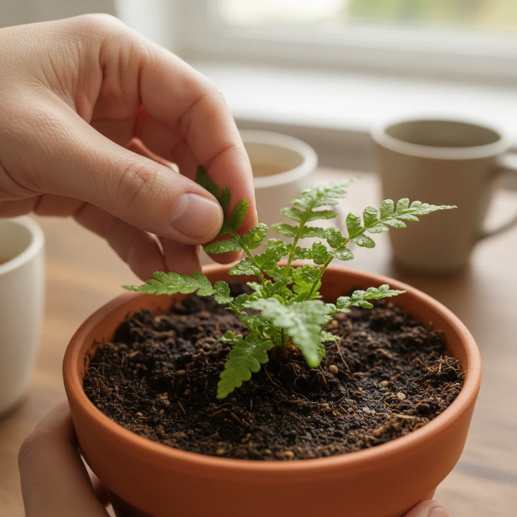 Hands mindfully tending to a small potted plant, a simple slow living activity.