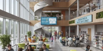 Modern library interior with diverse community members engaged in learning and collaboration.