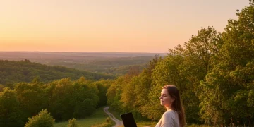 Person on park bench with closed laptop, embracing nature and digital detox.