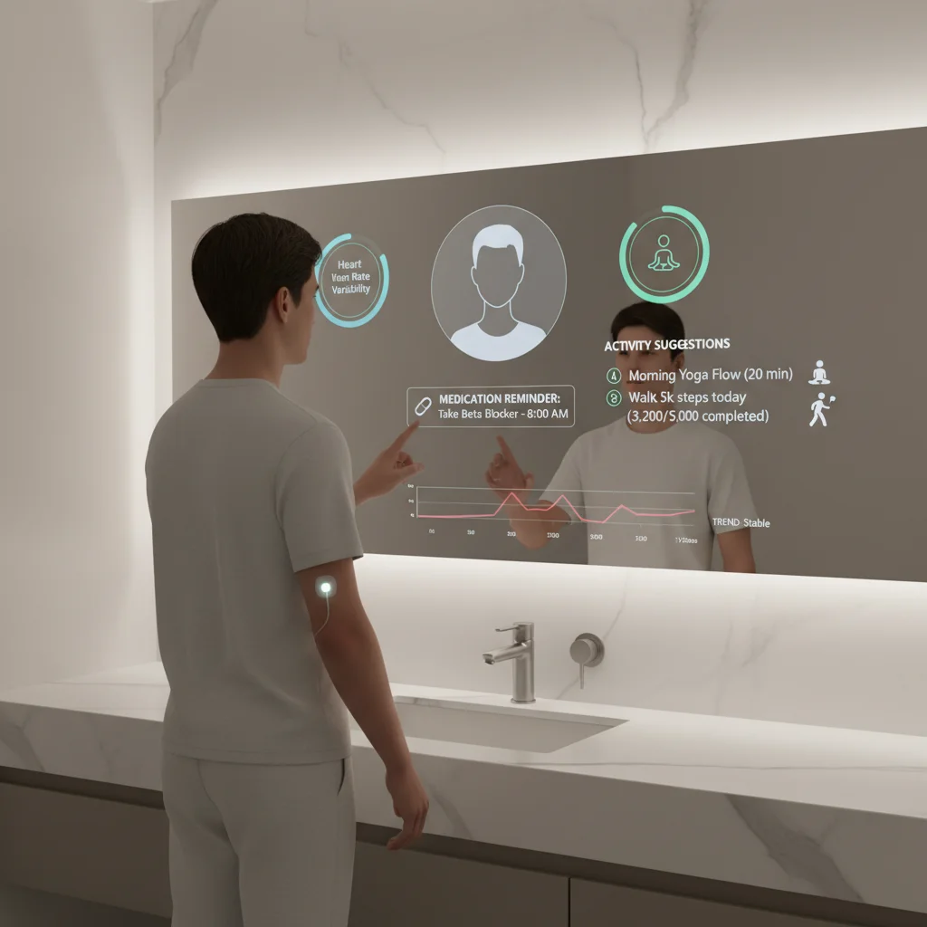 Patient viewing personalized health data on a smart mirror from bio-integrated devices.