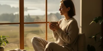 Person enjoying a peaceful morning moment, embodying slow living and mindfulness.