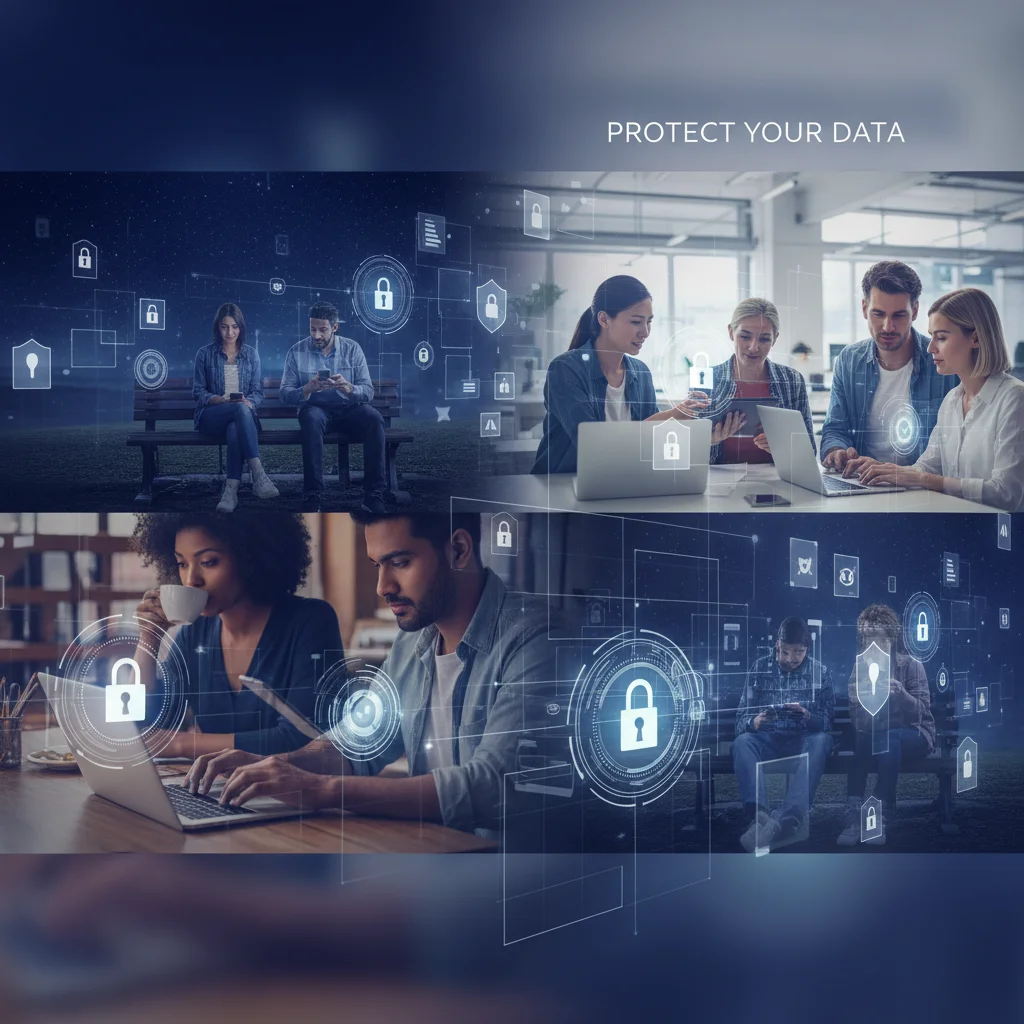 Diverse individuals protecting personal data across digital devices.