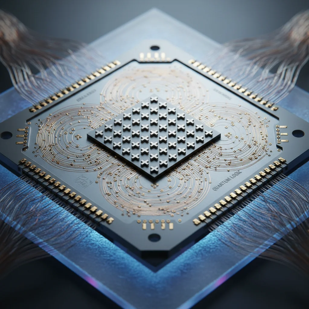 Intricate quantum processor chip with micro-circuitry, representing advanced hardware development