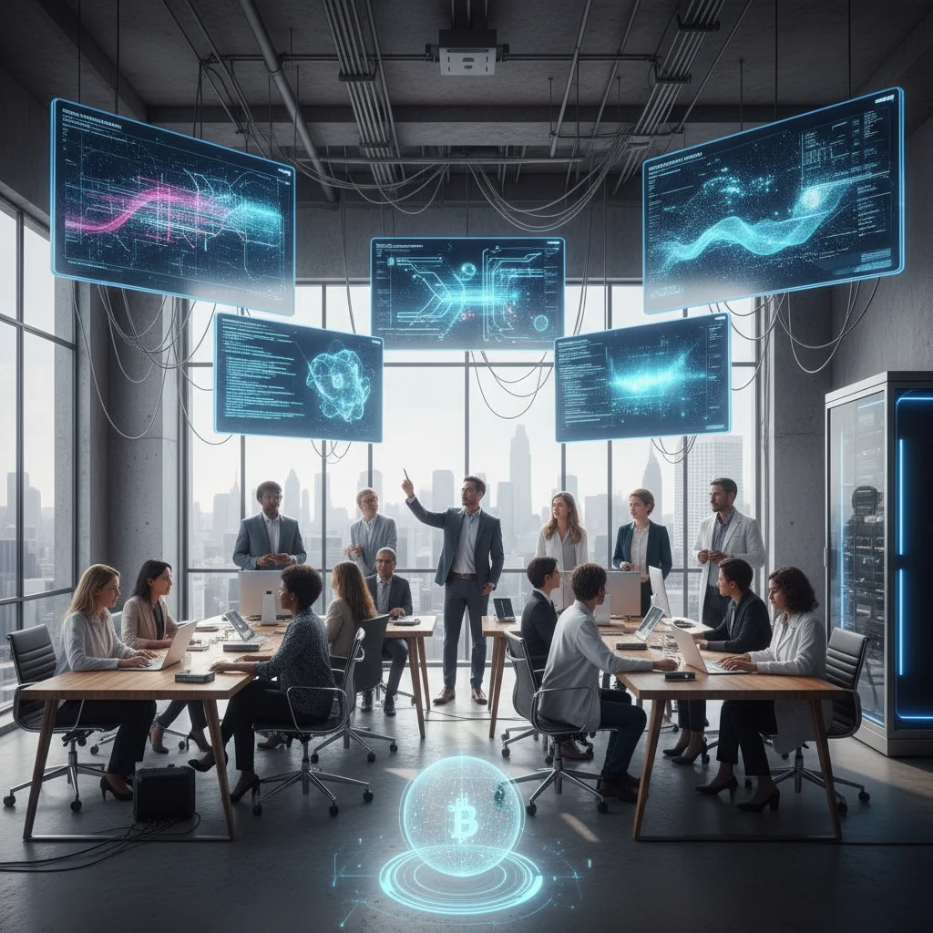 Scientists collaborating on quantum software algorithms in a modern lab setting