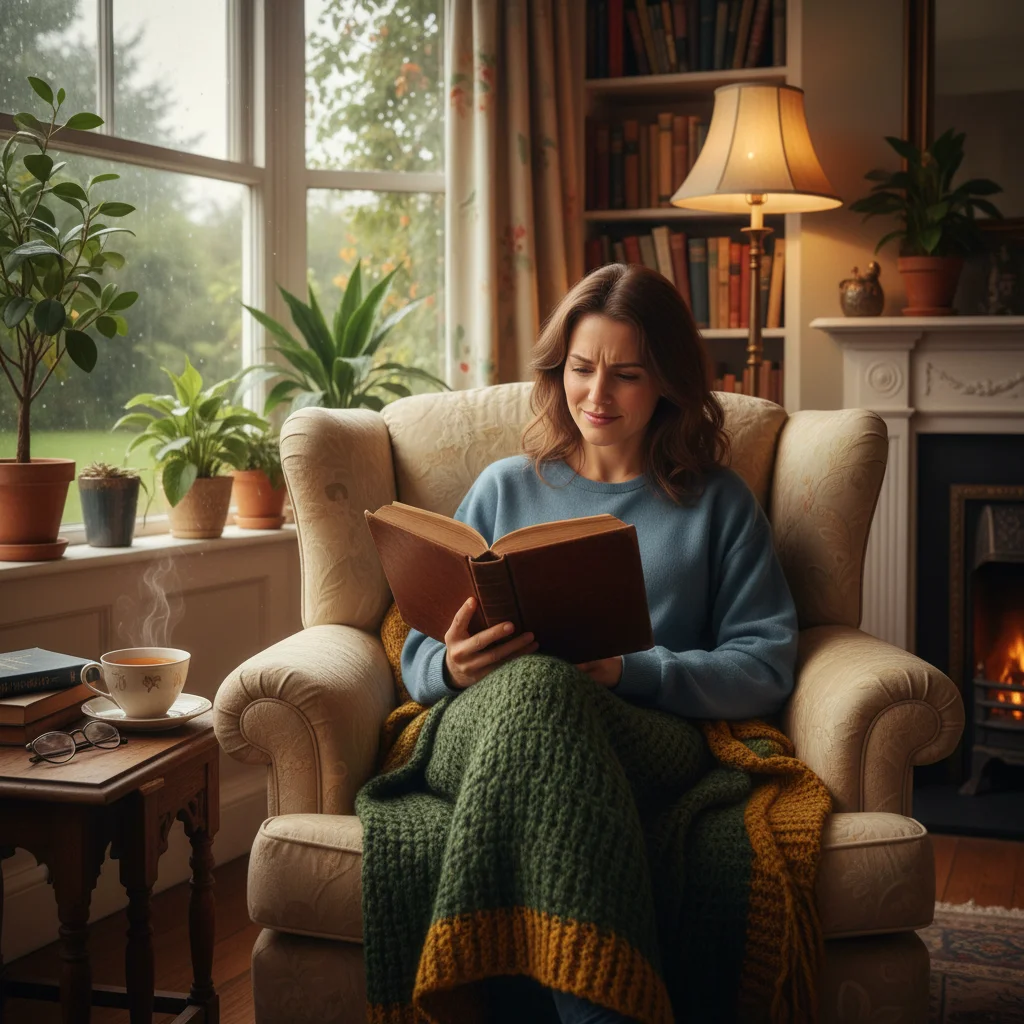 Person reading physical book in armchair with tea, enjoying analog leisure.