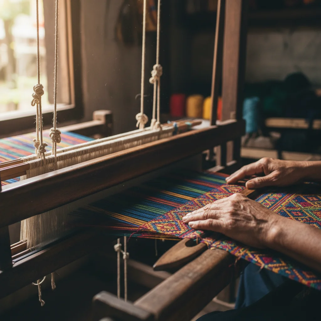 Hands weaving colorful threads on a traditional loom.