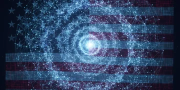 Futuristic quantum computing nodes with U.S. flag backdrop, representing advanced technology investment