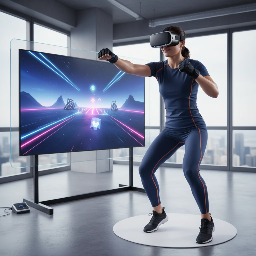 Individual immersed in a virtual reality fitness game with VR headset and haptic gloves.
