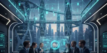 Web3 technology impacting US enterprises, showing data flow and business collaboration.