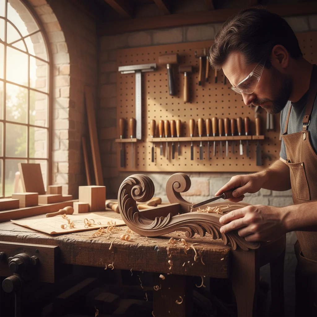 Artisan carving intricate details into bespoke wooden furniture.