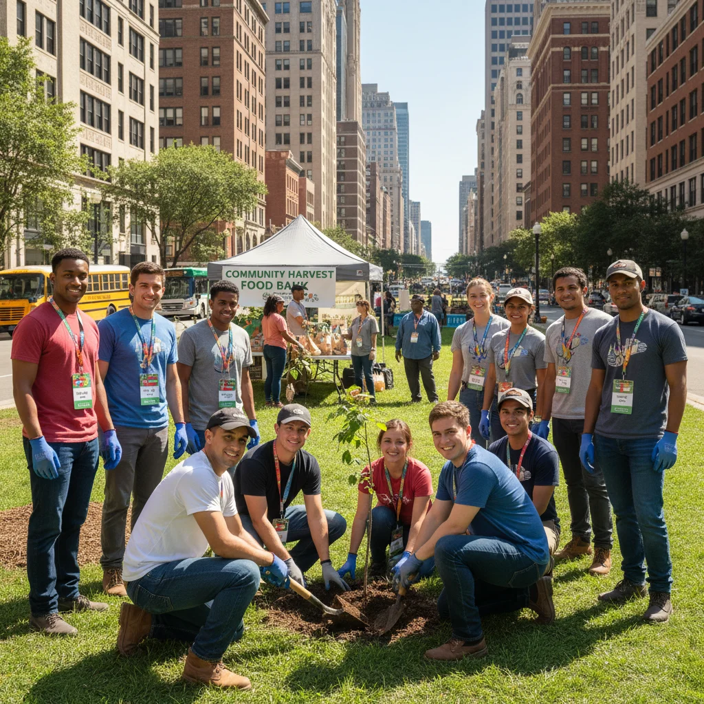 Youth from different countries collaborating on a community service project.