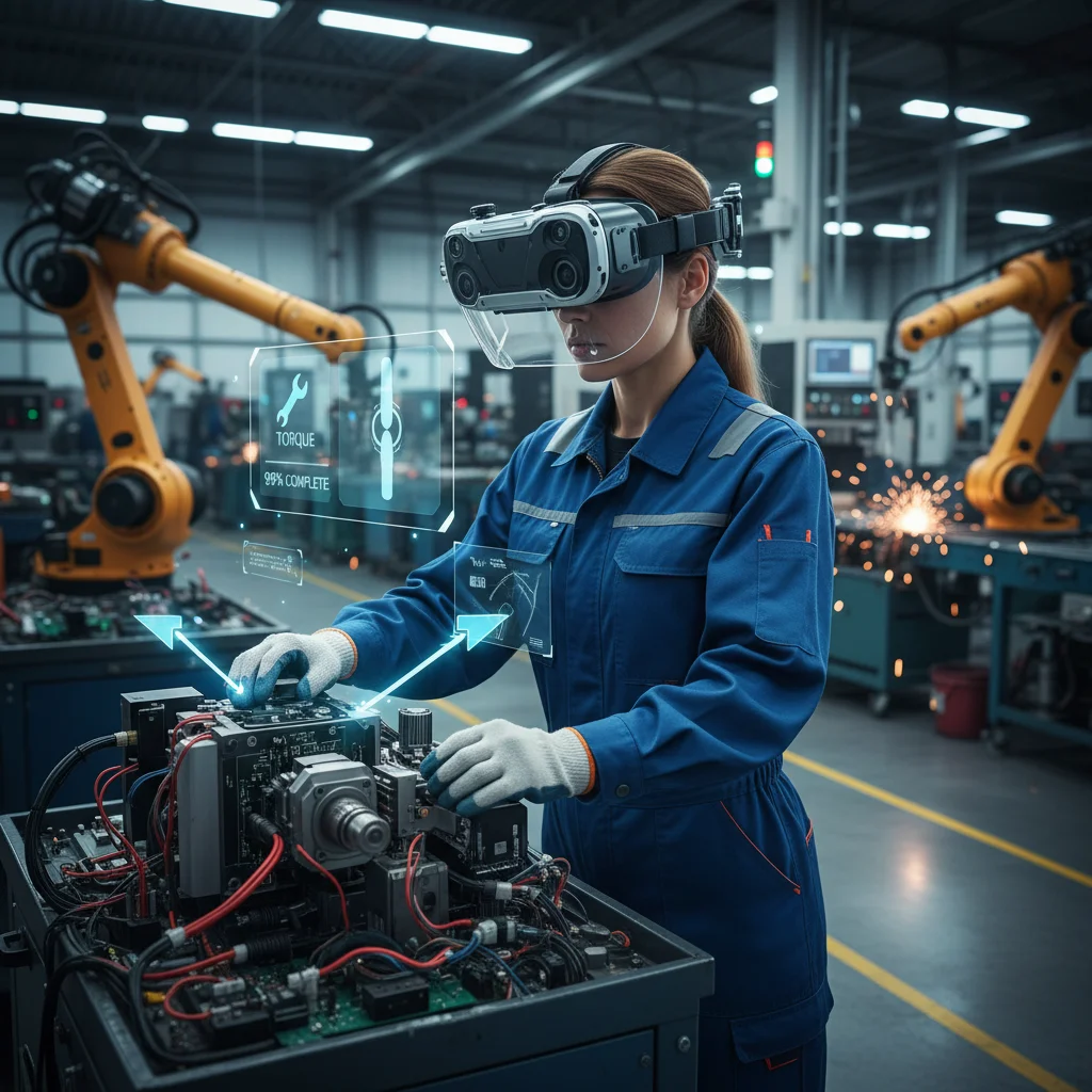 Factory worker using augmented reality for guided assembly and maintenance