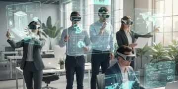 Professionals using augmented reality in a modern office for enhanced productivity