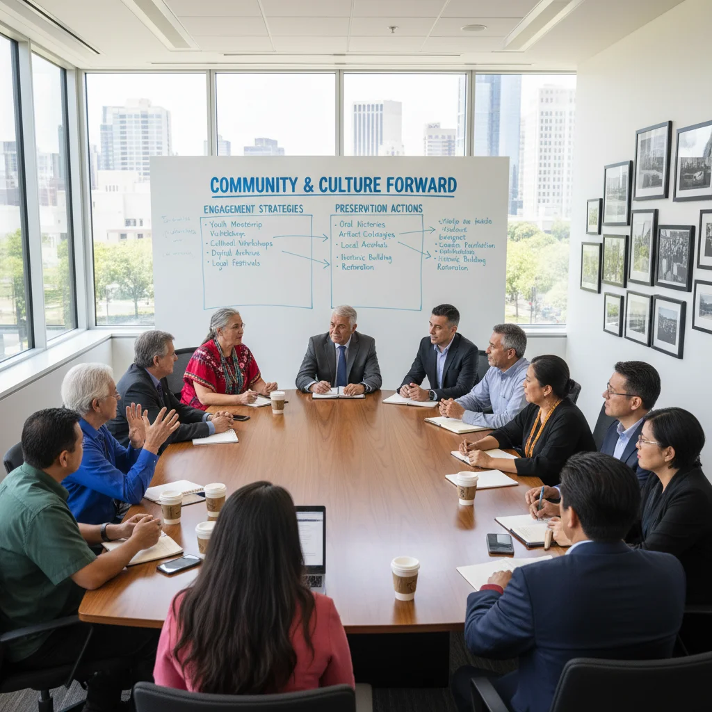 Cultural leaders and community members collaborating on preservation strategies and community engagement.
