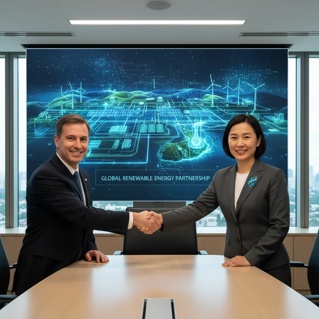 Diplomatic handshake solidifying renewable energy cooperation and technology transfer