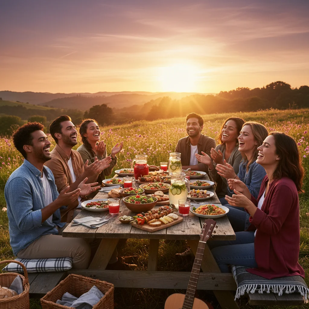 Friends laughing and sharing meal outdoors