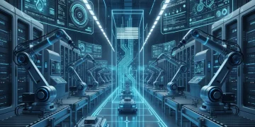 Futuristic factory floor with interconnected robots and digital displays representing Cyber-Physical Systems.
