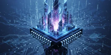 Futuristic microchip glowing with digital network overlay, symbolizing semiconductor innovation